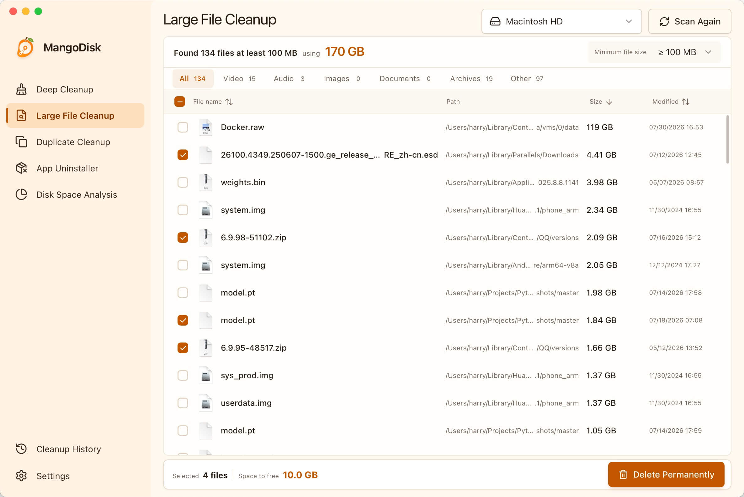 MangoDisk Large File Cleanup interface