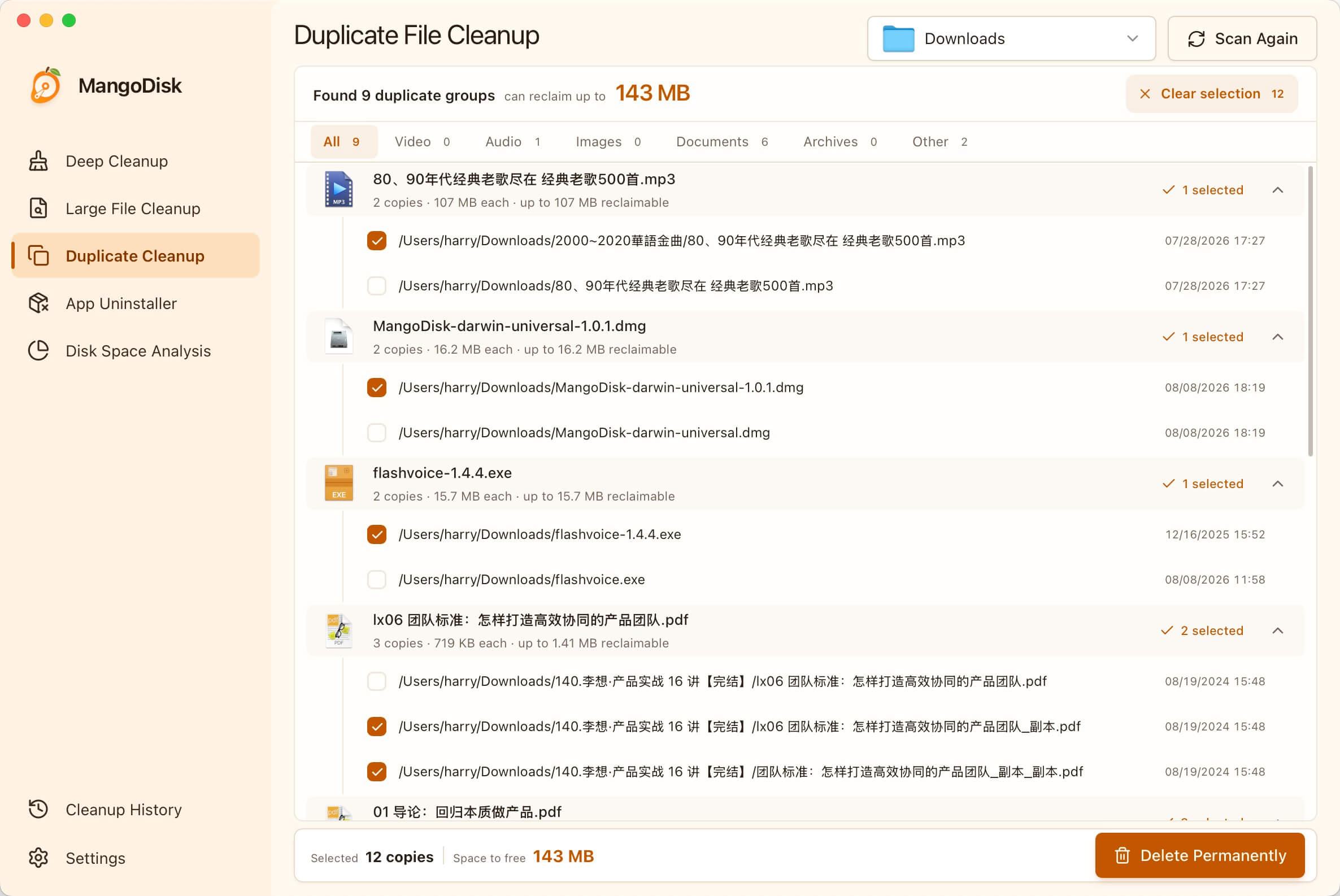 MangoDisk Duplicate File Cleanup interface