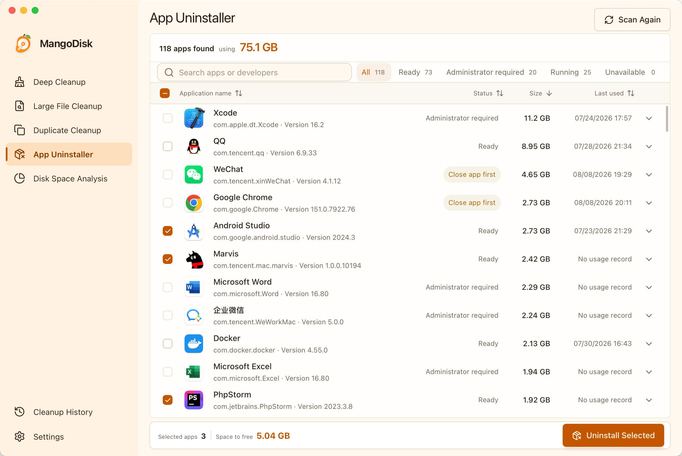 MangoDisk Application Uninstaller interface