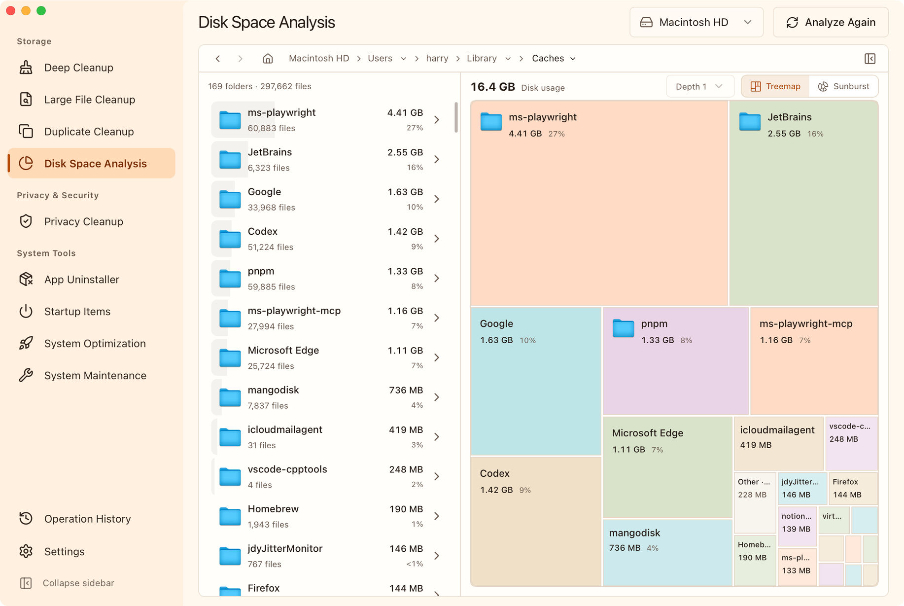 MangoDisk's English treemap displays one level of cache folders, with rectangles sized by disk usage