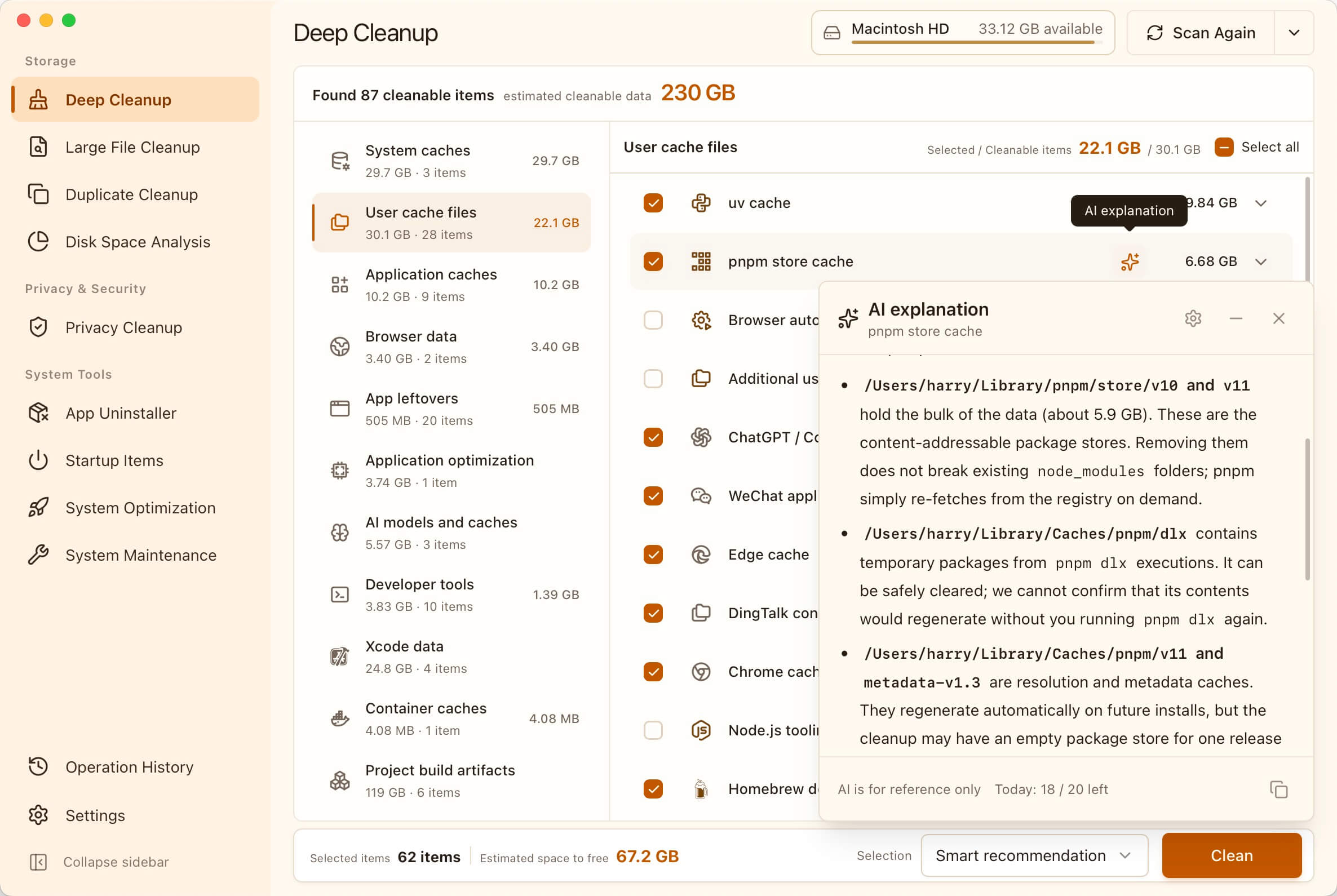 MangoDisk Deep Cleanup with an AI explanation of the selected cache and the effects of clearing it