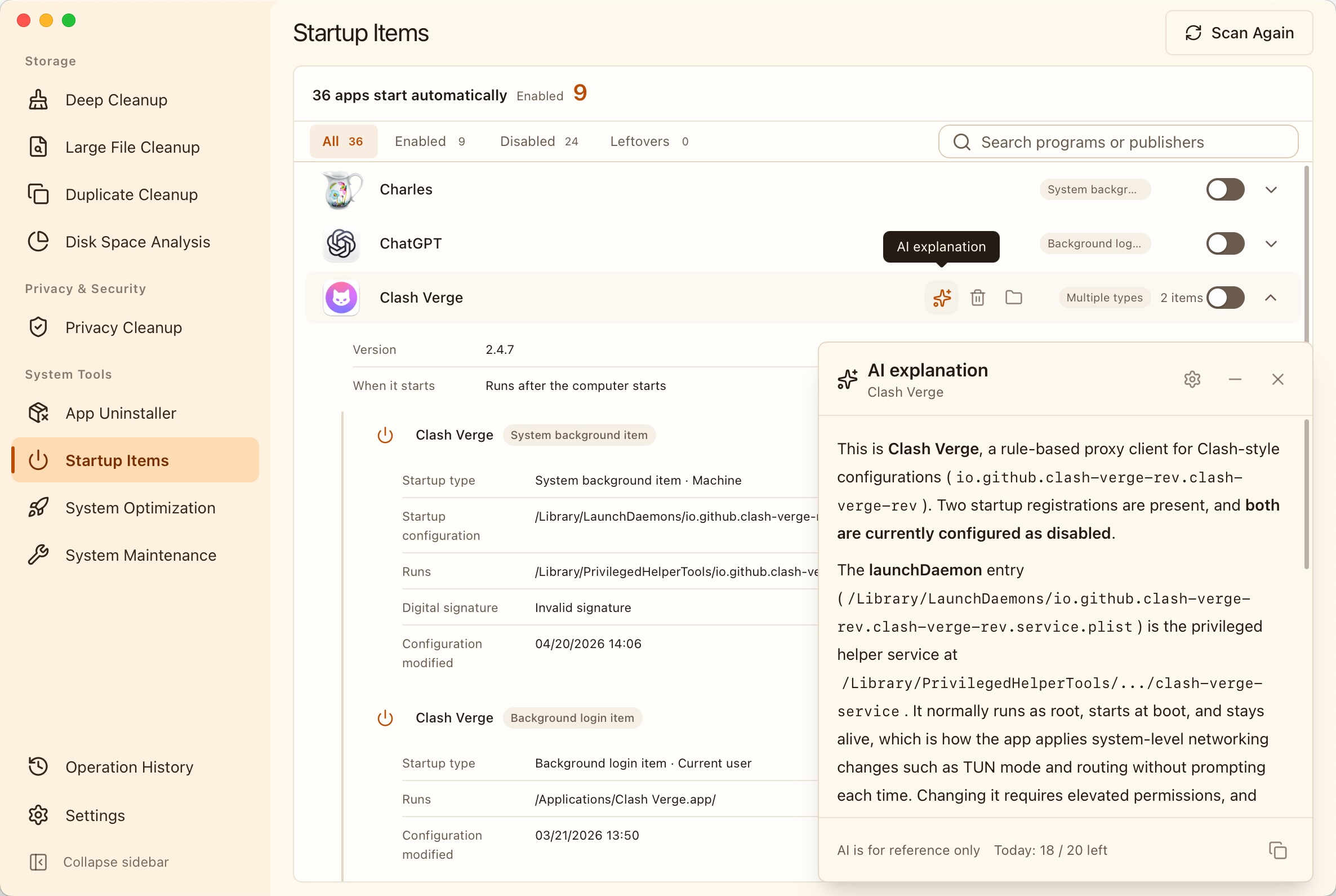 MangoDisk Startup Items with an AI explanation of an app's startup entries and background service