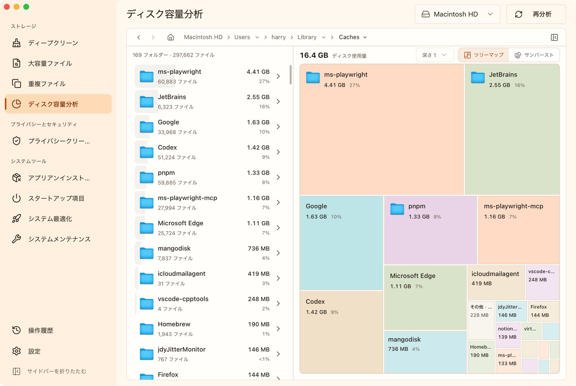 MangoDisk の日本語ツリーマップ。キャッシュフォルダーを一階層表示し、面積と一覧で使用量を比較