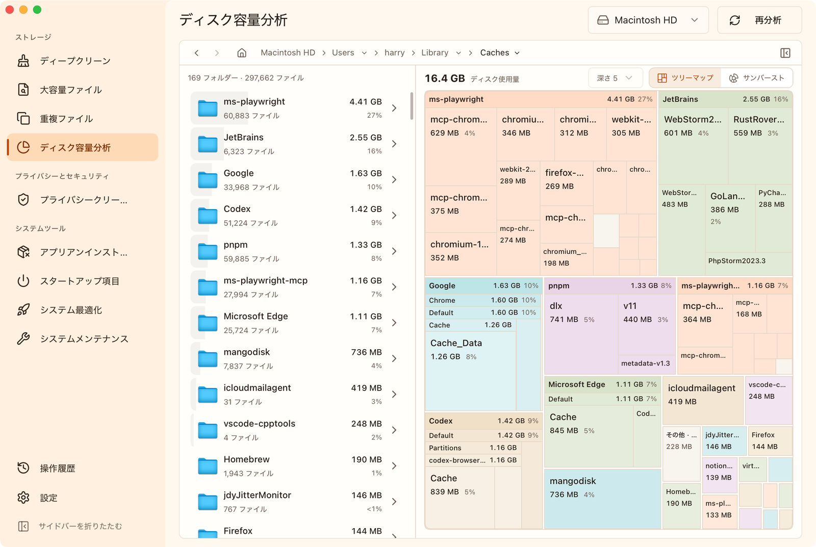 macOS 版 MangoDisk の日本語画面。キャッシュフォルダーと下位フォルダーの使用量を多階層のツリーマップと一覧で表示