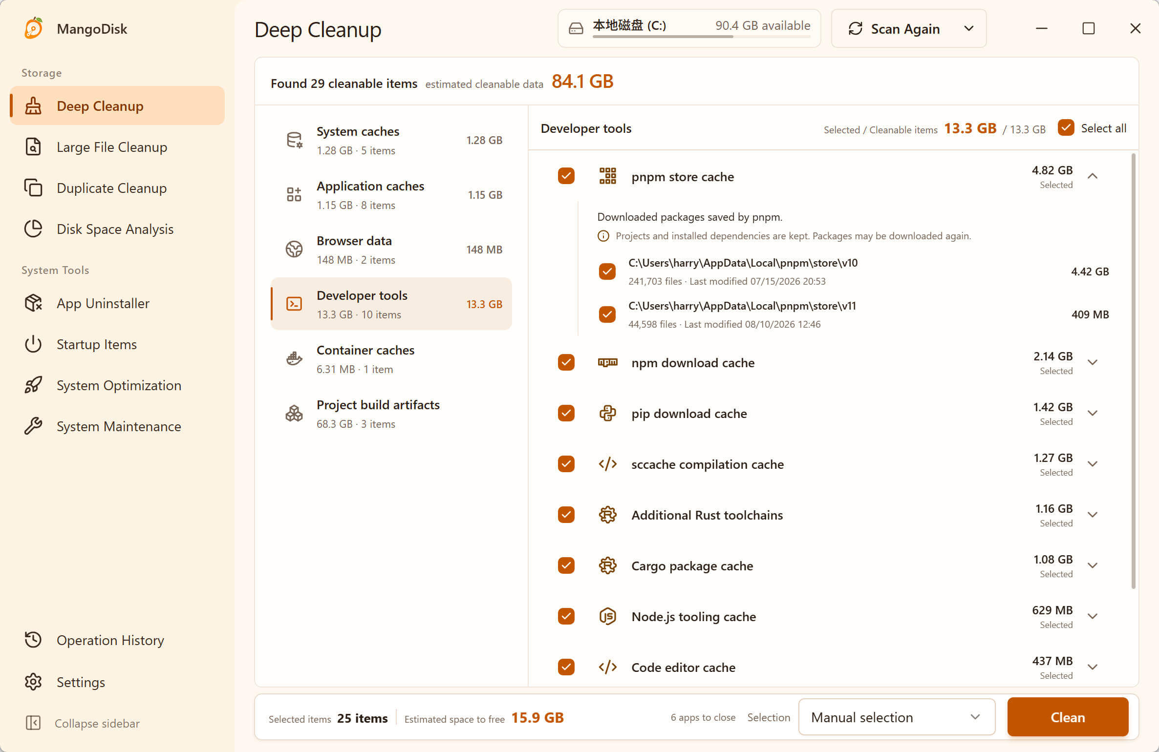 MangoDisk Deep Cleanup grouping Windows caches by application with sizes and risk labels