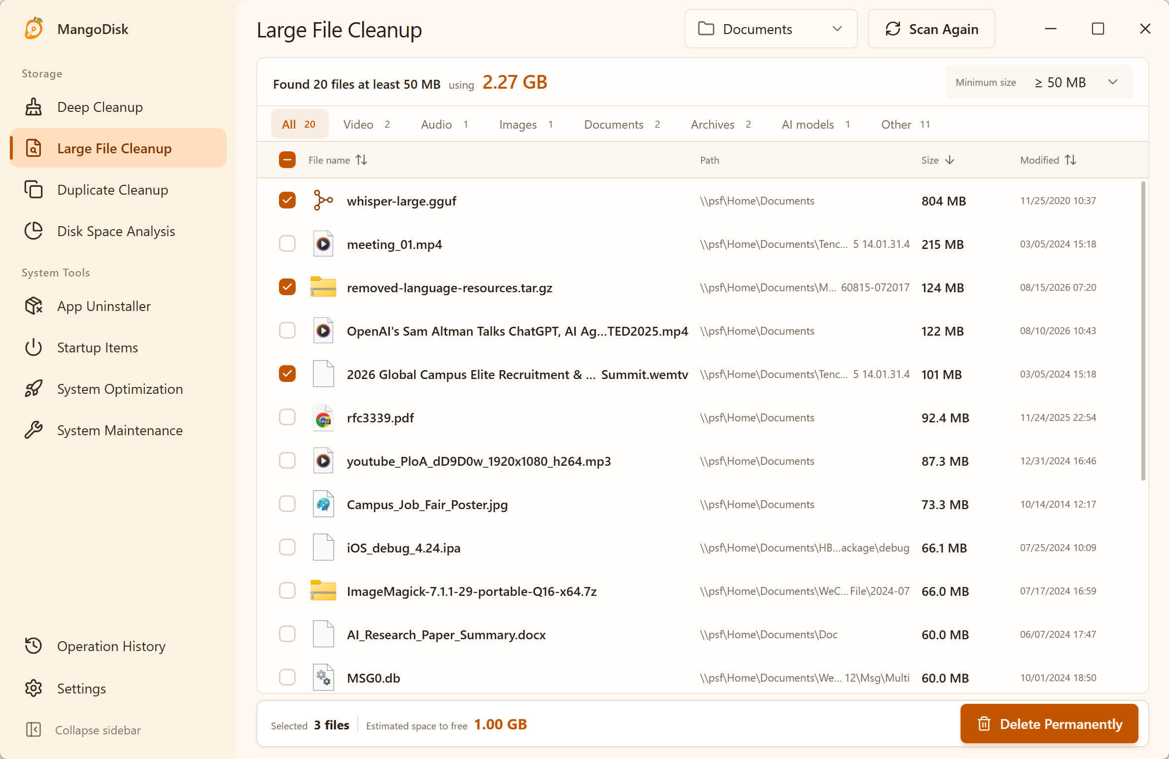 MangoDisk Large File Cleanup filtering the files that use the most space on Windows 11