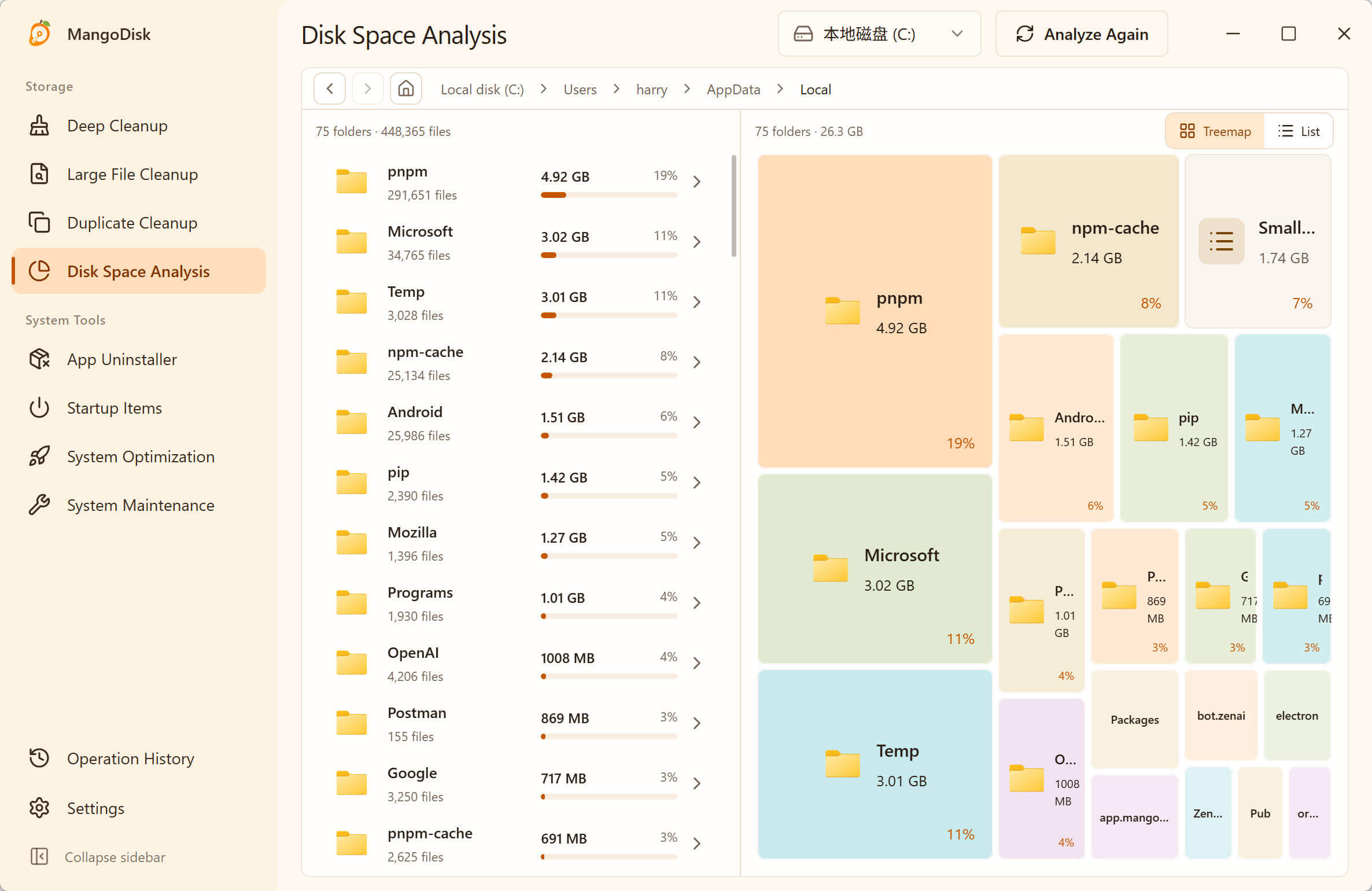 MangoDisk Disk Space Analysis showing the largest folders on a Windows drive as a list and treemap