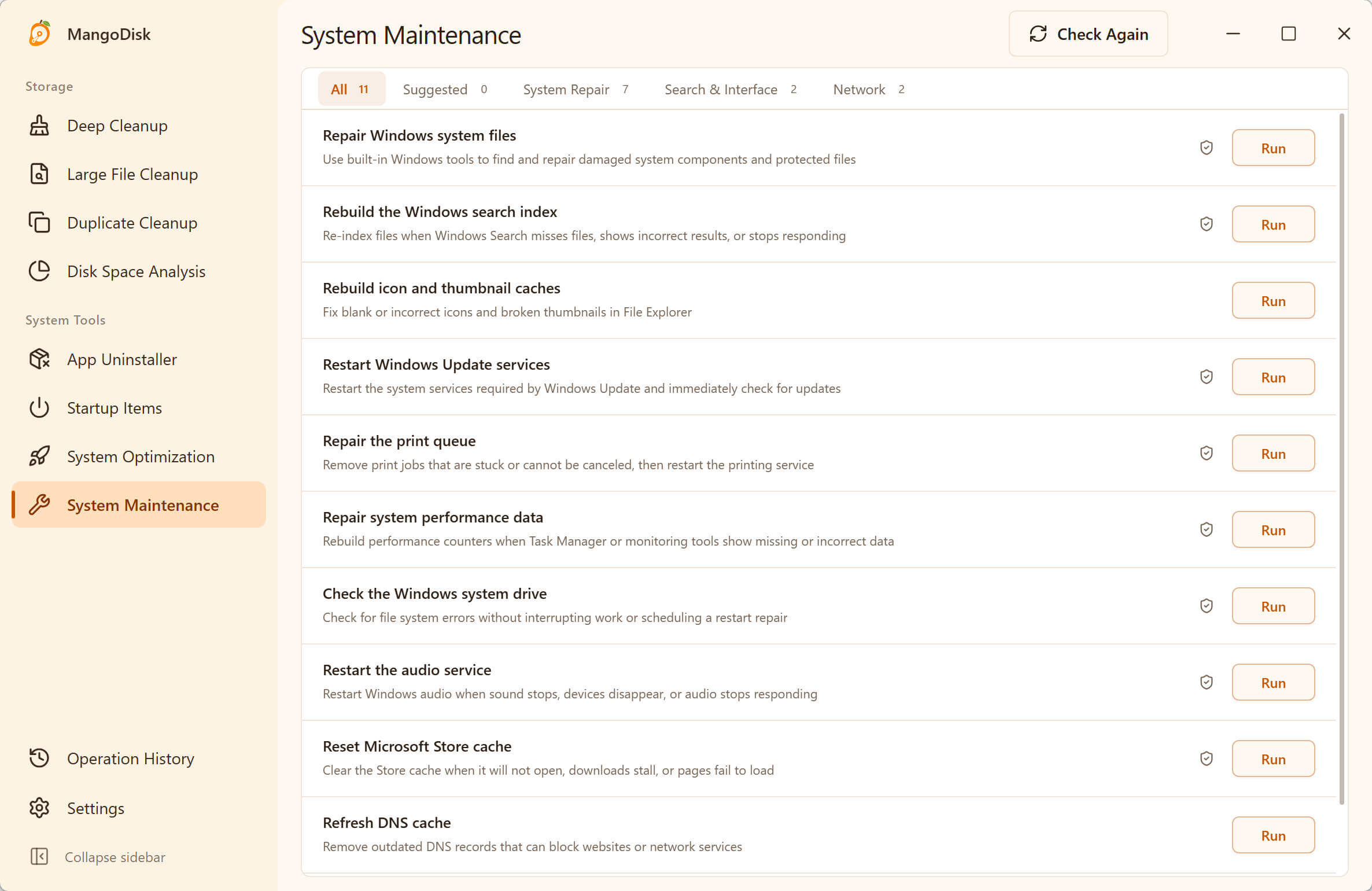 MangoDisk System Maintenance for Windows grouping system repair, search, interface and network tasks