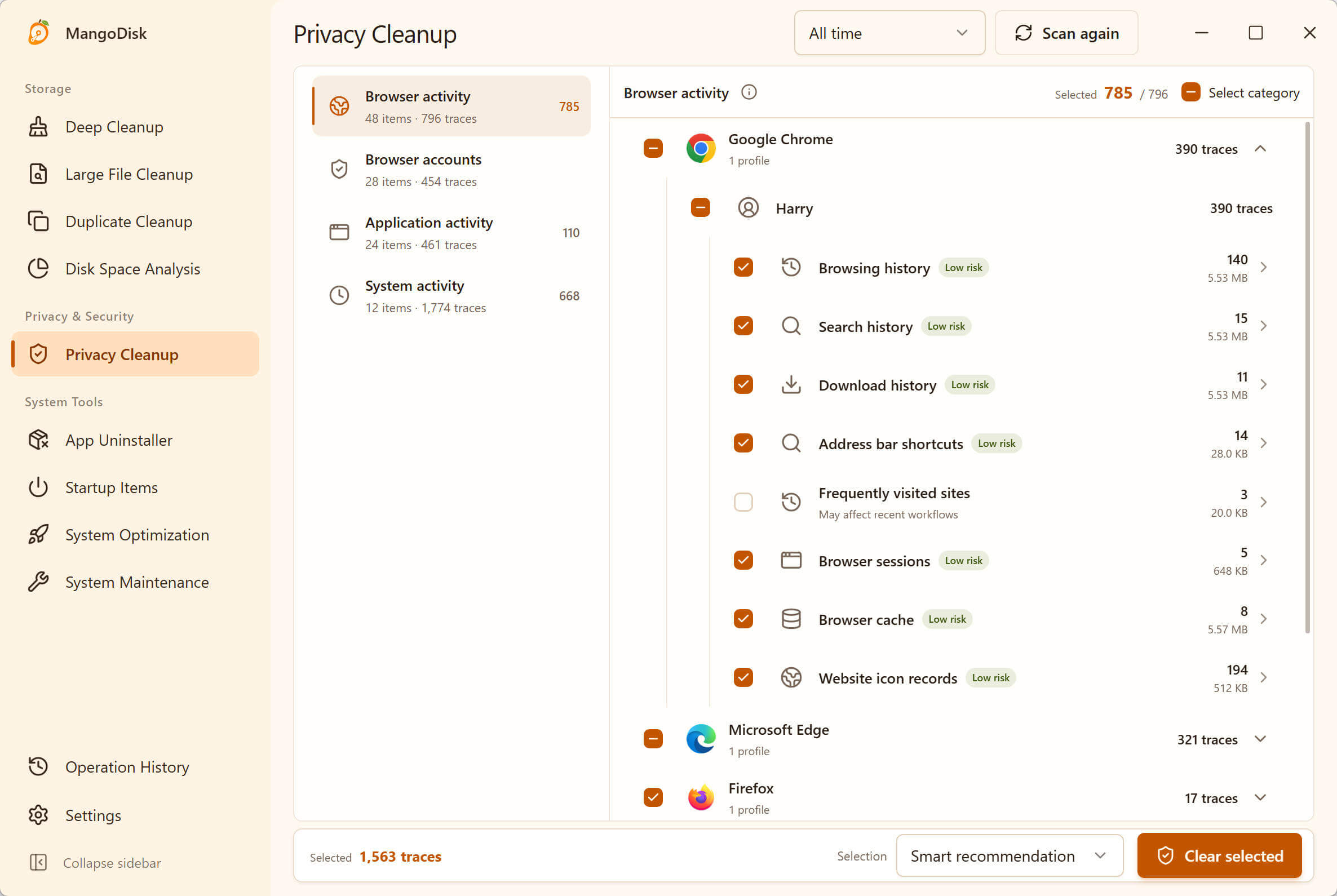 MangoDisk Privacy Cleanup on Windows, grouping browser, app, and system activity with selectable items and a time-range filter