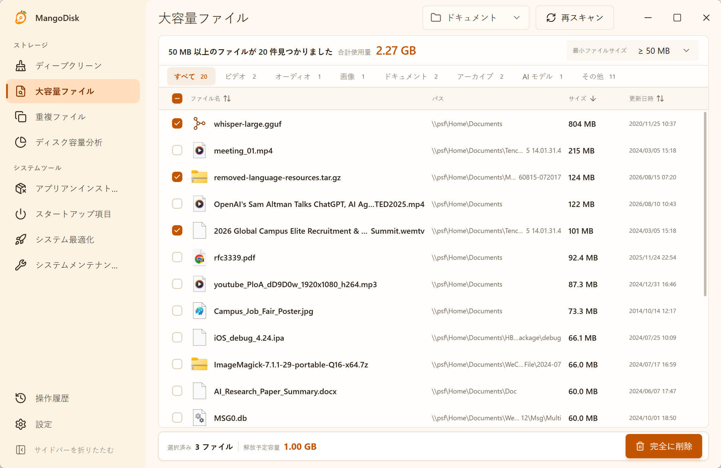 MangoDiskの大容量ファイルでWindows 11の容量を多く使っているファイルを絞り込んだ画面