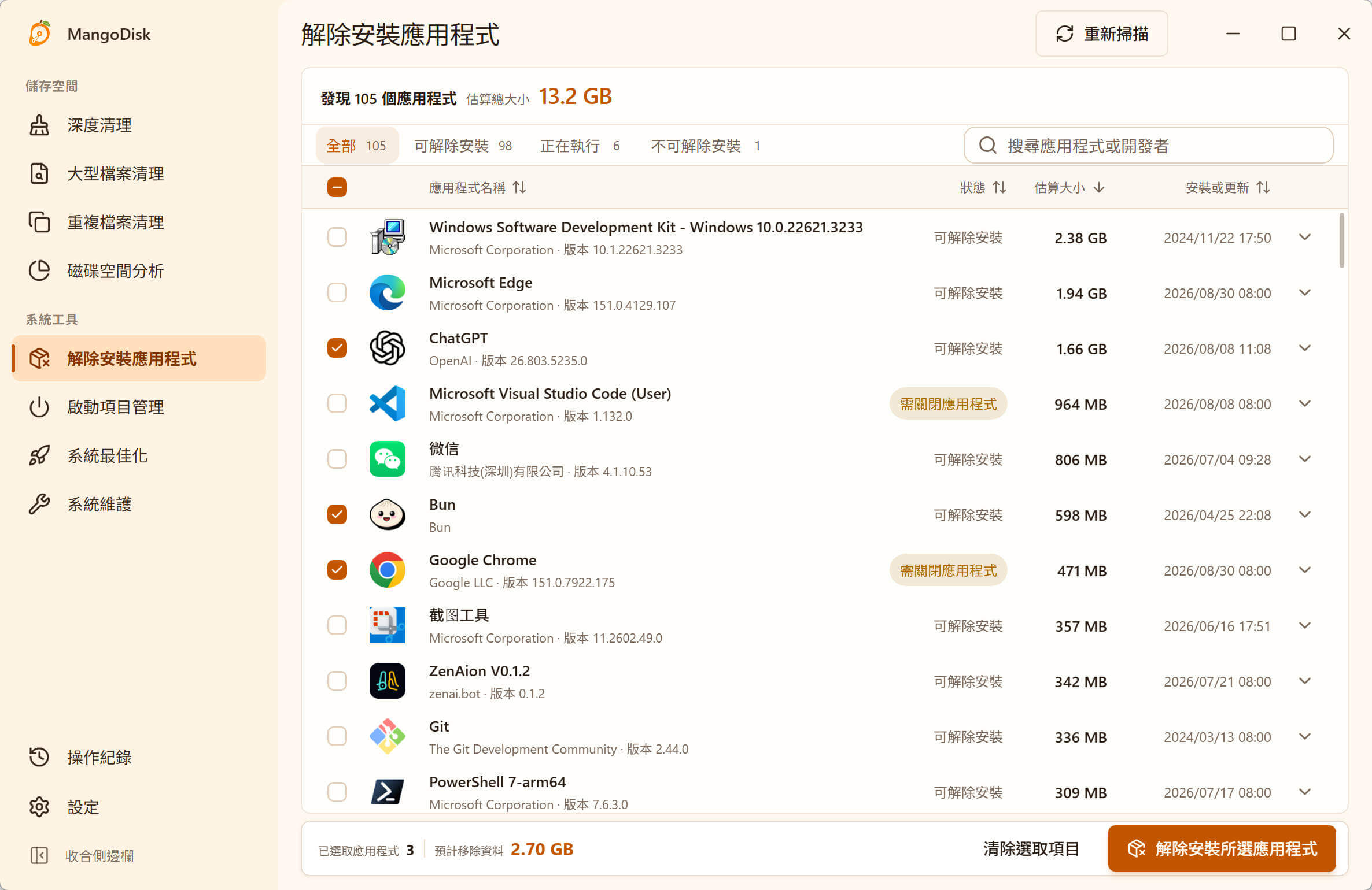 MangoDisk 應用程式解除安裝顯示 Windows 軟體大小、狀態和可檢查的相關檔案