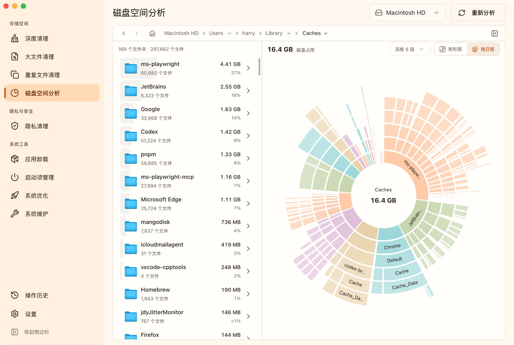 MangoDisk 中文旭日图与目录列表，同时展示缓存目录的占用和层级