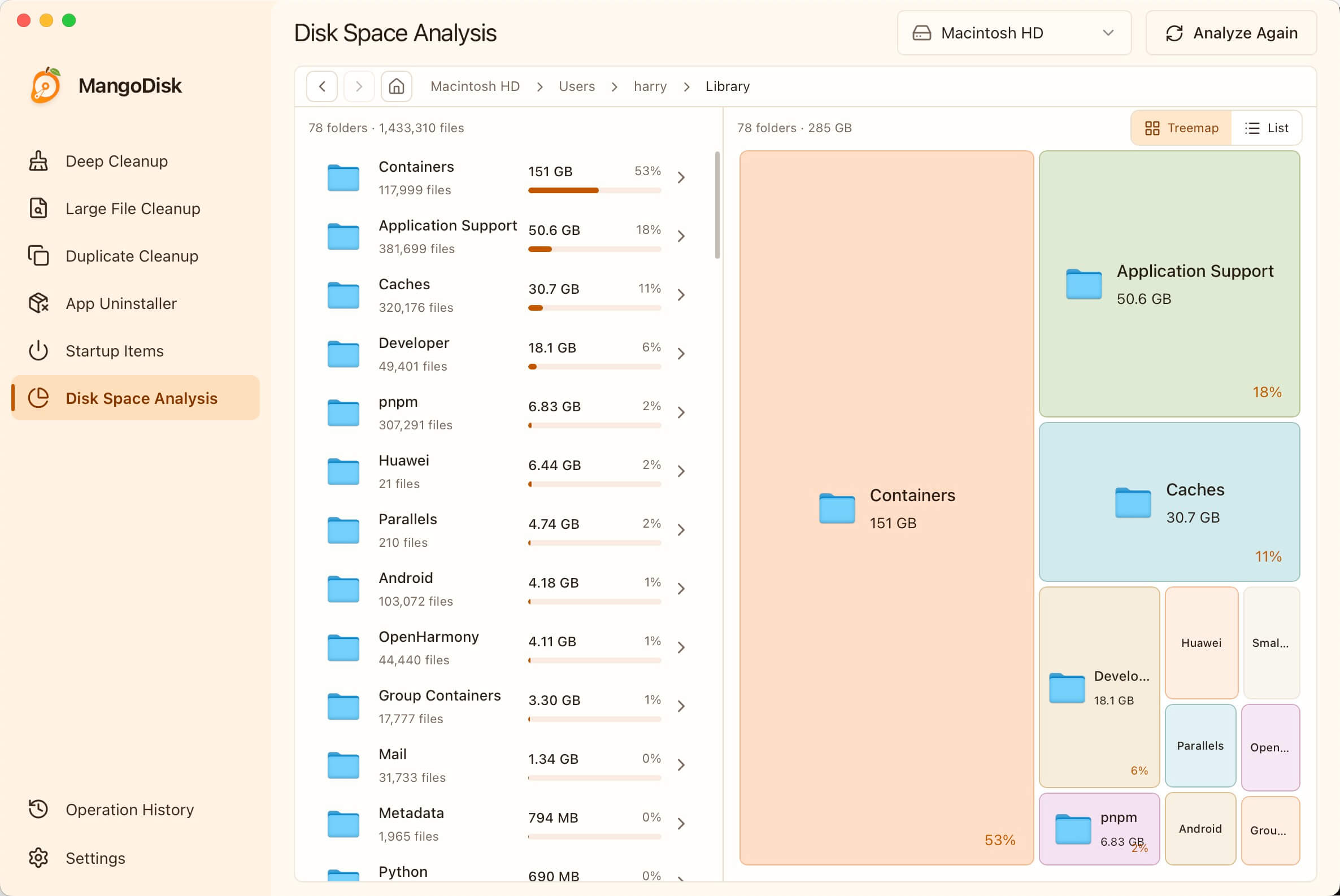 MangoDisk displaying Mac folders as a bright treemap and size-sorted list