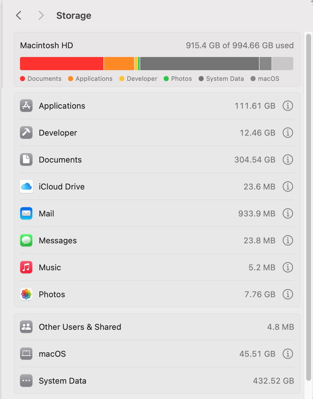 macOS Storage settings showing 432.52 GB of System Data on a nearly full 1 TB disk