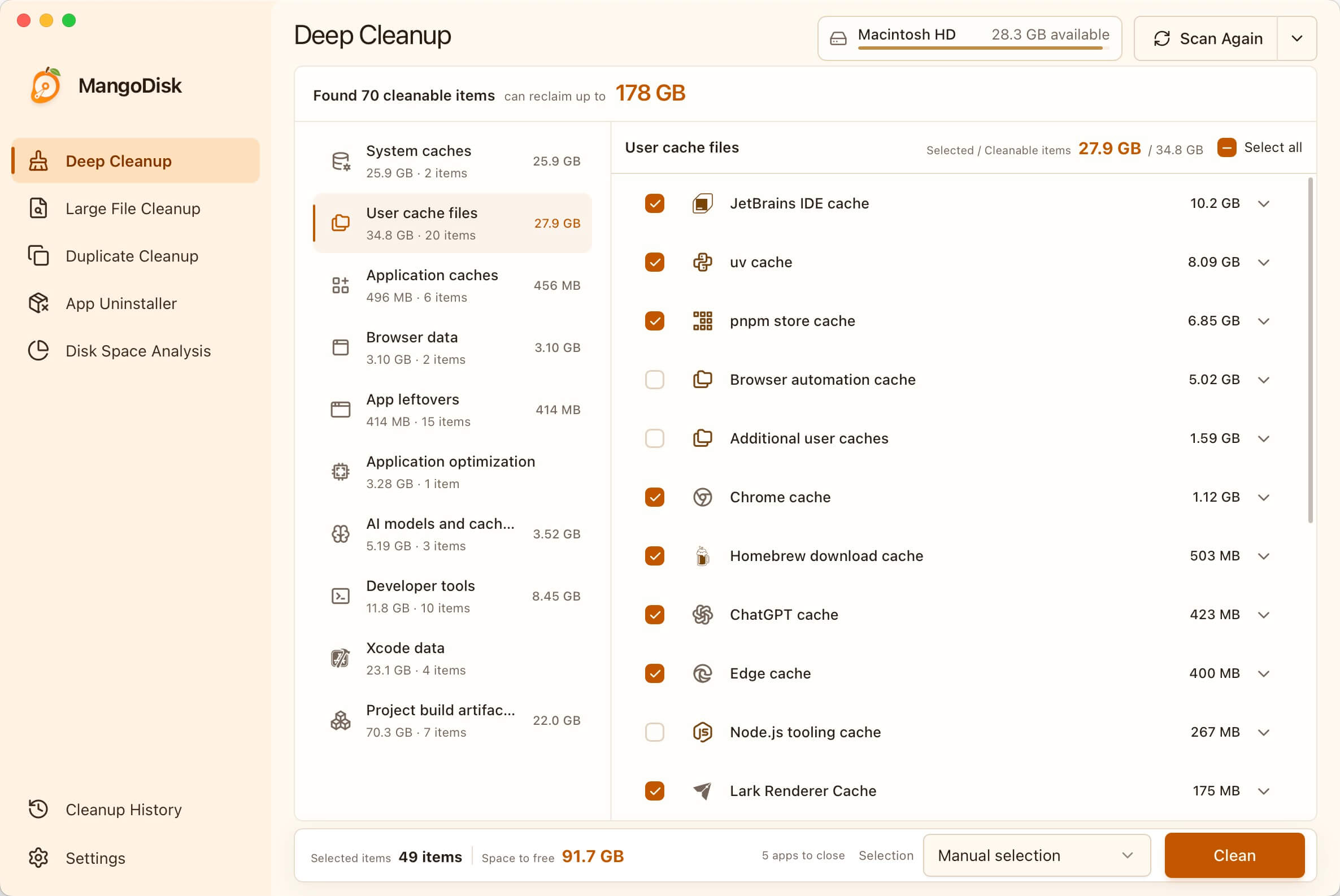 MangoDisk Deep Cleanup showing cache categories, sizes and items available for review
