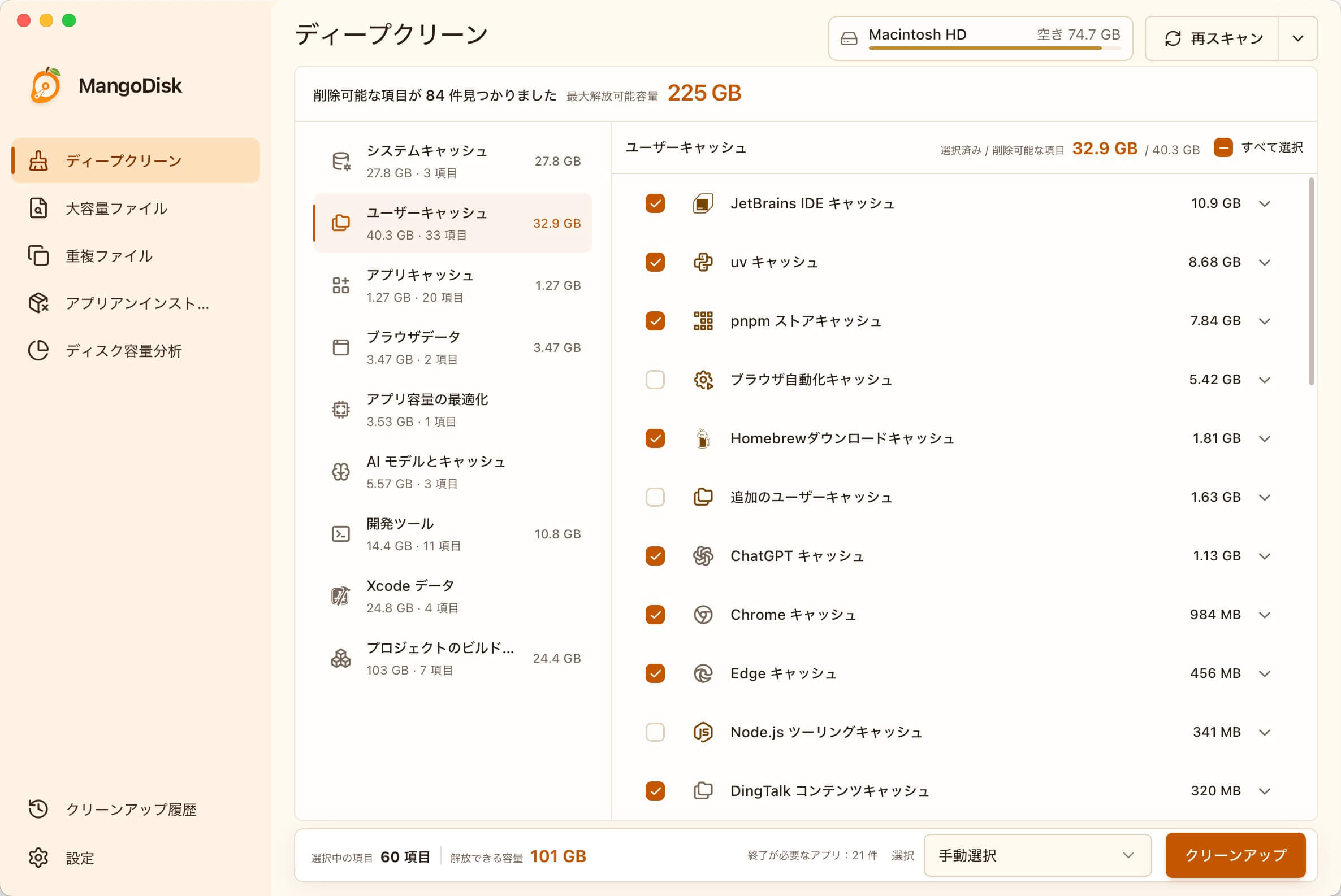 MangoDiskのディープクリーンでキャッシュの分類、容量、確認対象を表示している画面