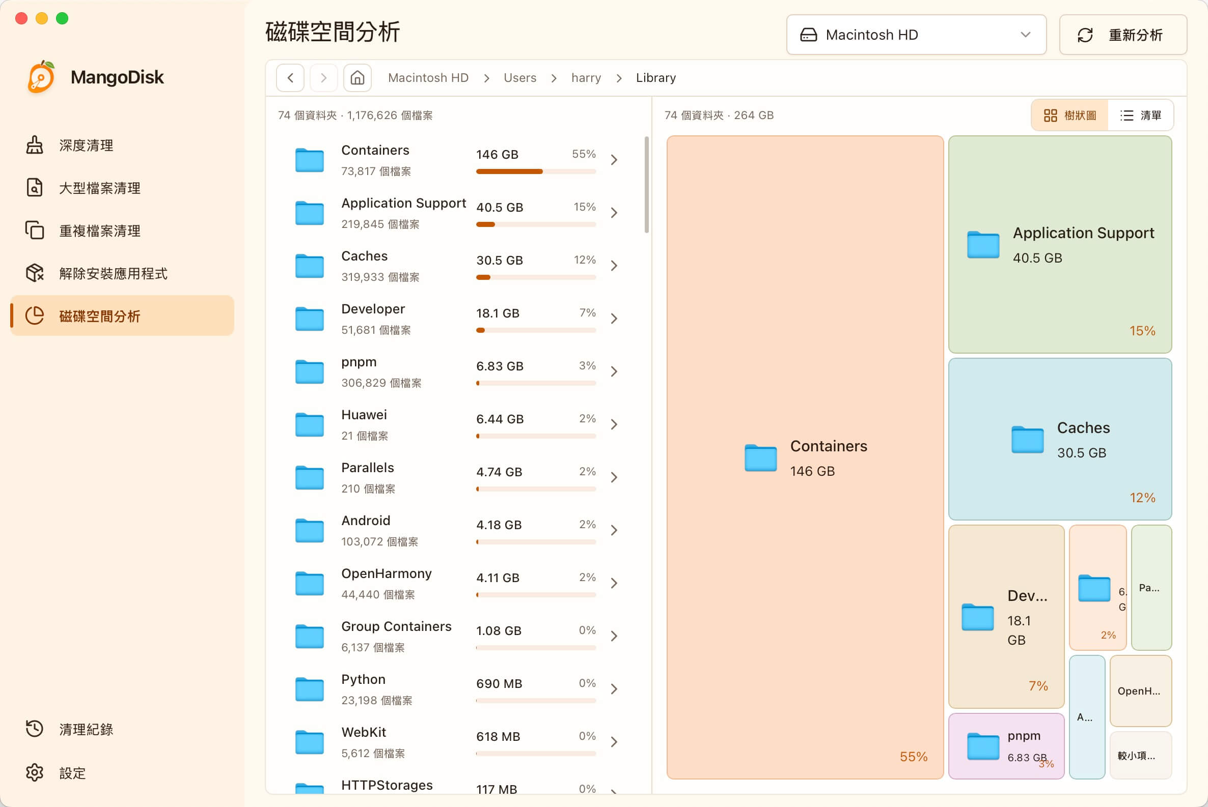 MangoDisk 使用矩形樹狀圖與資料夾清單呈現 Mac 磁碟空間用量
