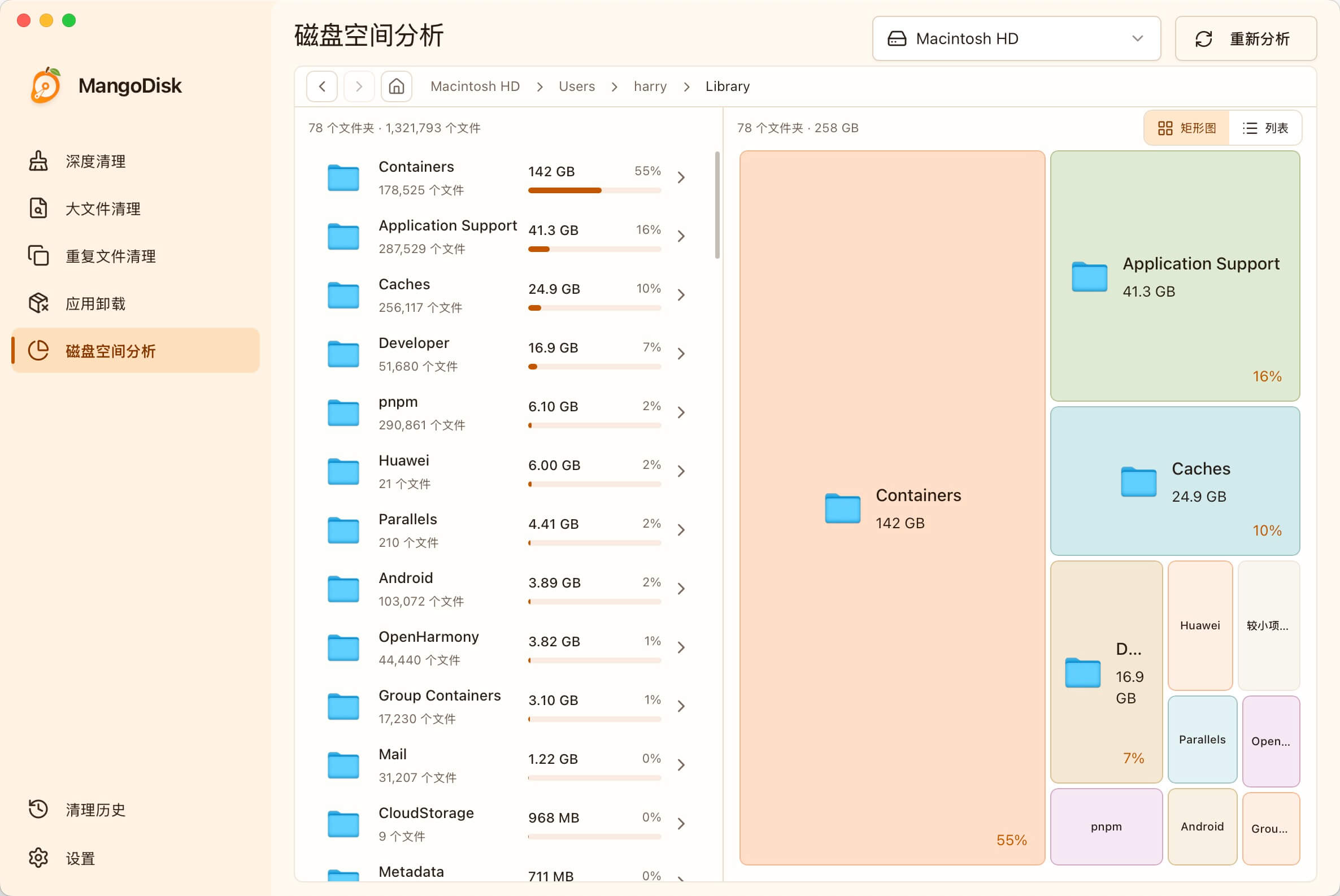 MangoDisk 使用矩形树图和目录列表展示 Mac 磁盘空间占用